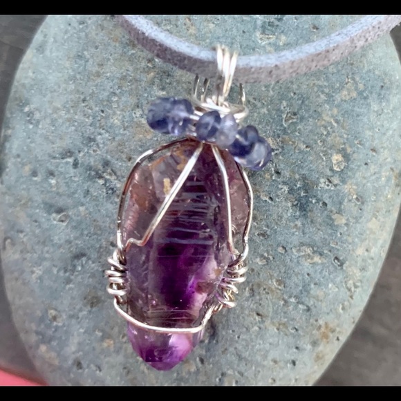 Hand Crafted Jewelry - Amethyst Crystal Pendant with Iolite Beads